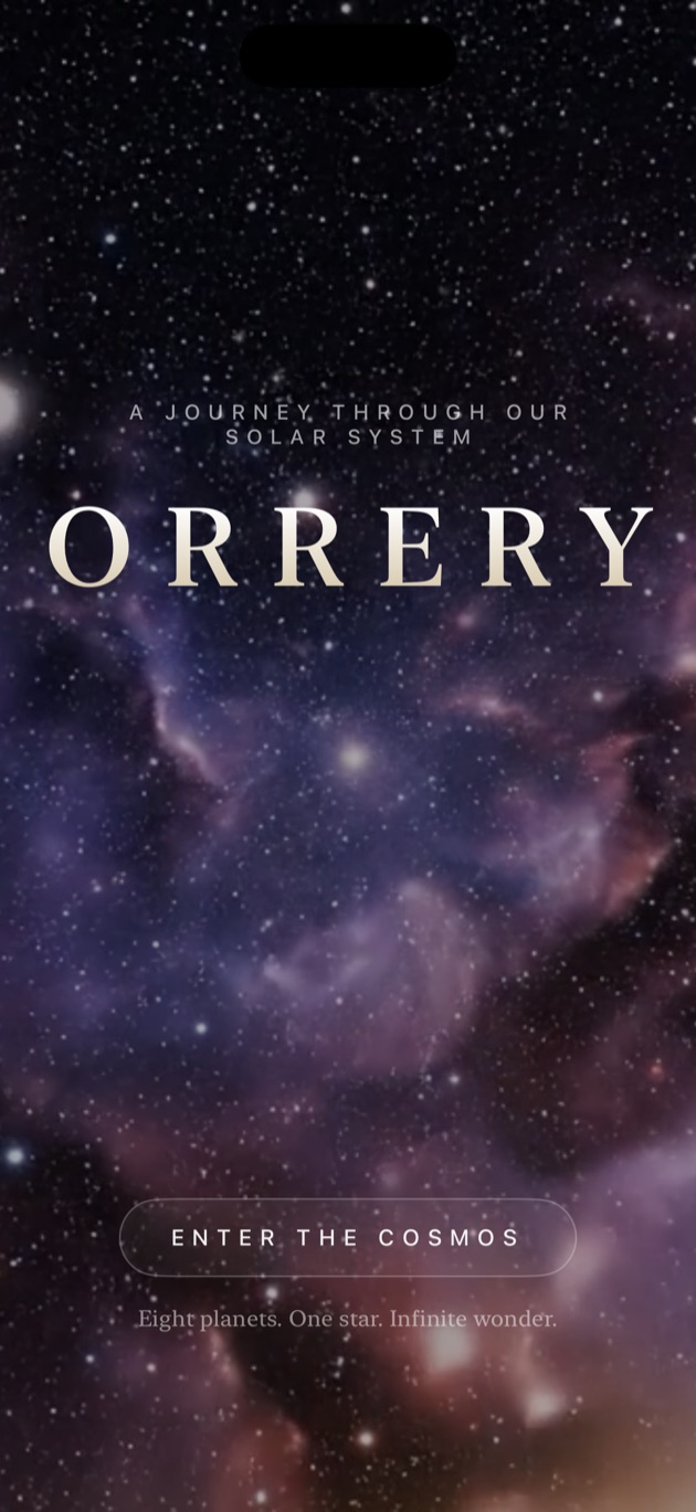 Orrery title screen, a distant sun over a field of stars