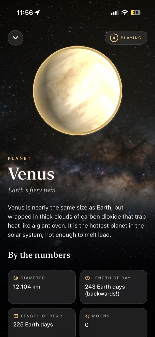 Venus detail page with a spinnable globe and vital statistics